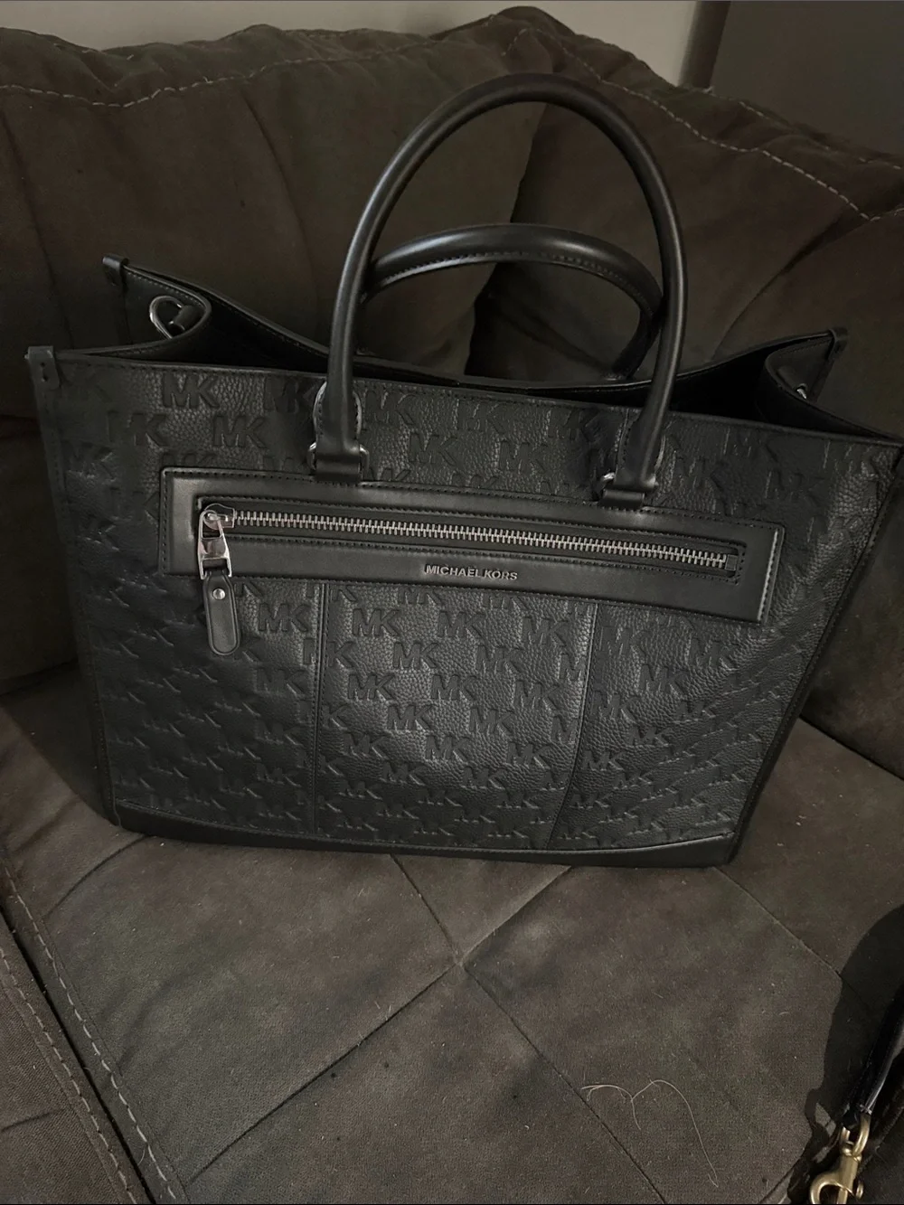 Michael Kors Black Embossed MK Logo Tote Bag with Front Zip